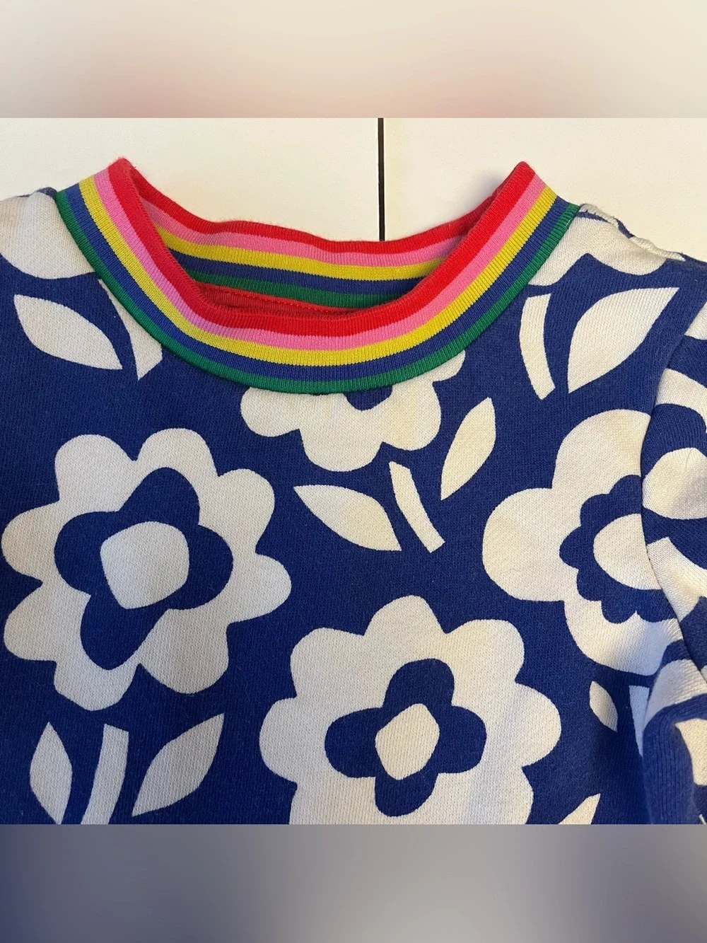Mini Boden Girls Dress 3-4Y Fit & Flare Blue White Floral Rainbow Trim